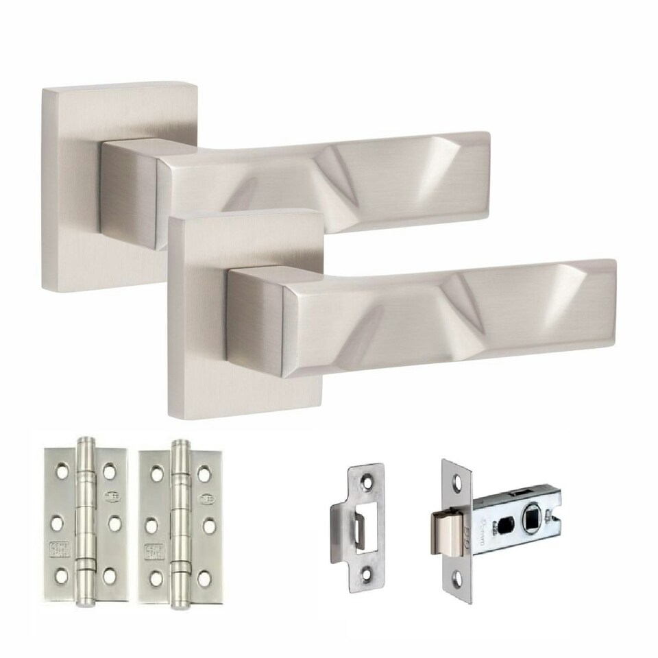 image 1 of Golden Grace 1 Pair Modern Nova Premium Design Door Handles on Square Rose in Satin Nickel Finish with 3" Ball Bearing Hinges and 2.5" Tubular Latch Grey