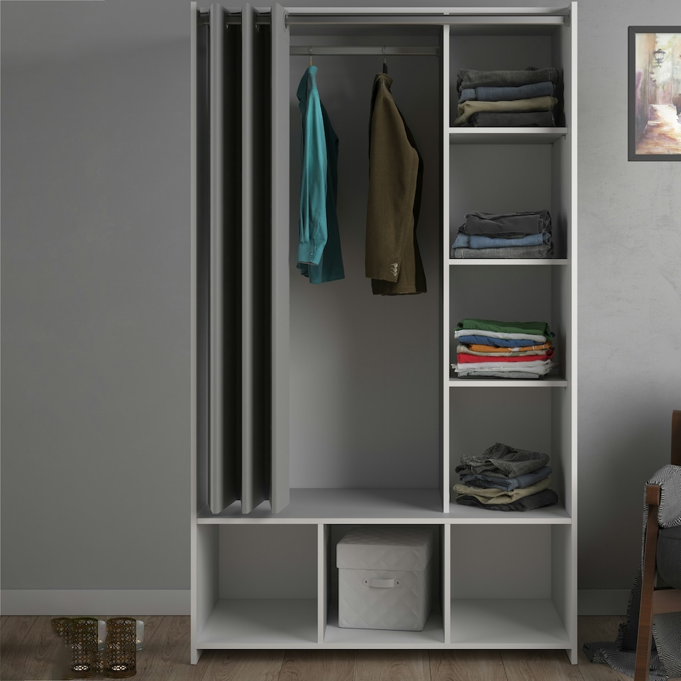 image 1 of Uppsala Open Wardrobe Unit in White with a Grey Textile Curtain