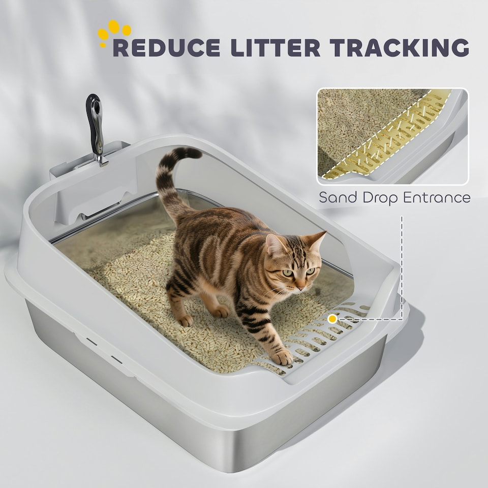 image 1 of PawHut XL Stainless Steel Cat Litter Box with High Sides, 60 x 40 x 30 cm Grey