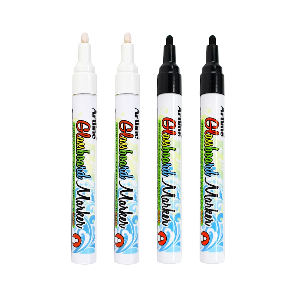 image 1 of Artline Glassboard Markers Black & White 4Pack