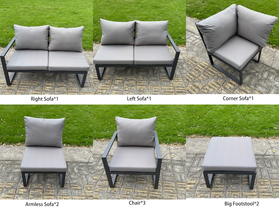 image 1 of Fimous 12 Seater Aluminium Sofa Set 11 Pieces Outdoor Garden Furniture - Rising Dining Table with Cushions 2 Big Footstools 3 Chairs Footstool Dark Grey