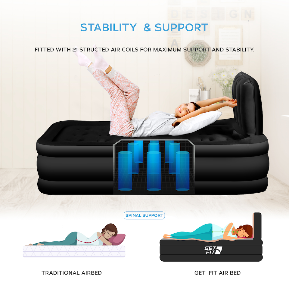 image 1 of Get Fit Air Bed With Built In Electric Pump - Premium Single Airbed - Quick Blow Up Bed With Headboard & Free Inflatable Pillow | Black | Black Mono | 1