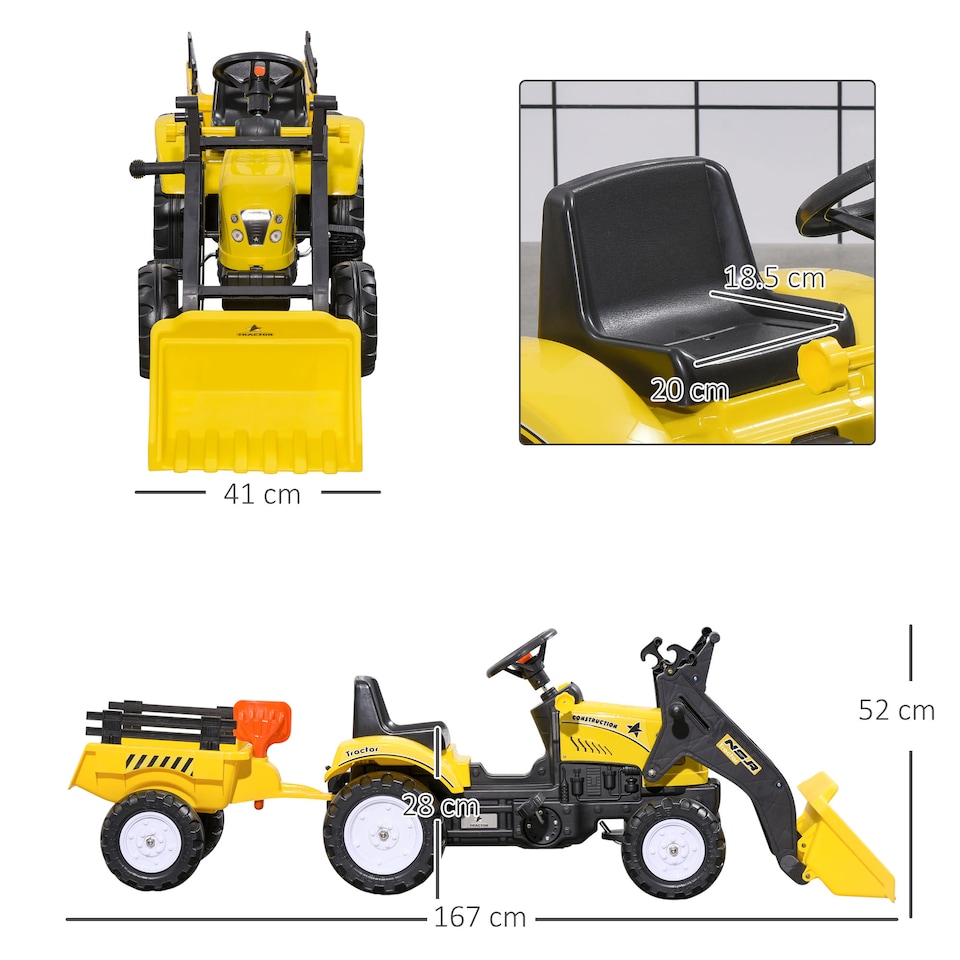 image 1 of HOMCOM Kids Pedal Go Kart, Children Ride on Digger, Ride on Toy Car, Excavator Tractor Digger Dumper for Kids 3 Years, Yellow