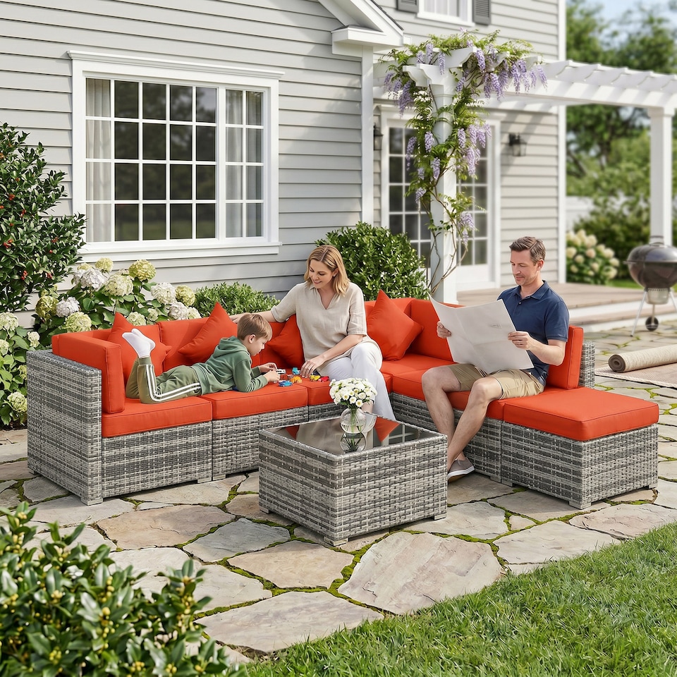image 1 of Outsunny 8 Pieces Patio Rattan Sofa Set Outdoor Garden Furniture Set Orange