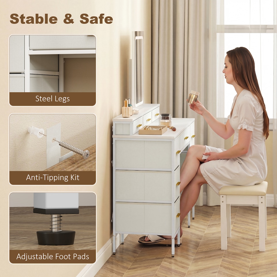 image 1 of HOMCOM Dressing Table with LED Lighting Mirror and 10 Drawers, White | Black