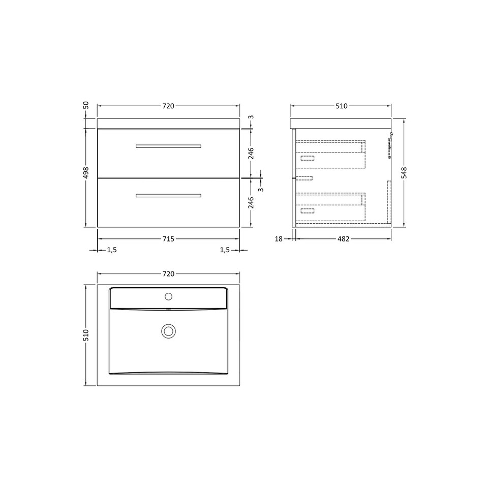 image 1 of Wall Hung 2 Drawer Vanity Unit with Polymarble Basin, 720mm - Gloss Grey Grey