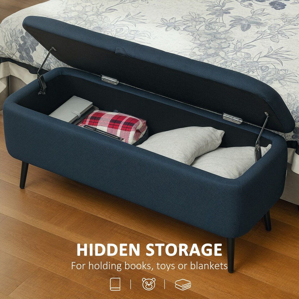 image 1 of HOMCOM Storage Ottoman Bench, Linen Fabric Footstool with Steel Legs Blue