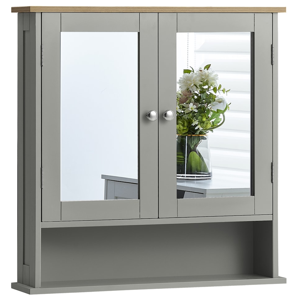 image 1 of Bath Vida Priano 2 Door Mirrored Wall Mounted Bathroom Cabinet With Shelf, Grey & Oak | Grey | Grey & Oak | 1