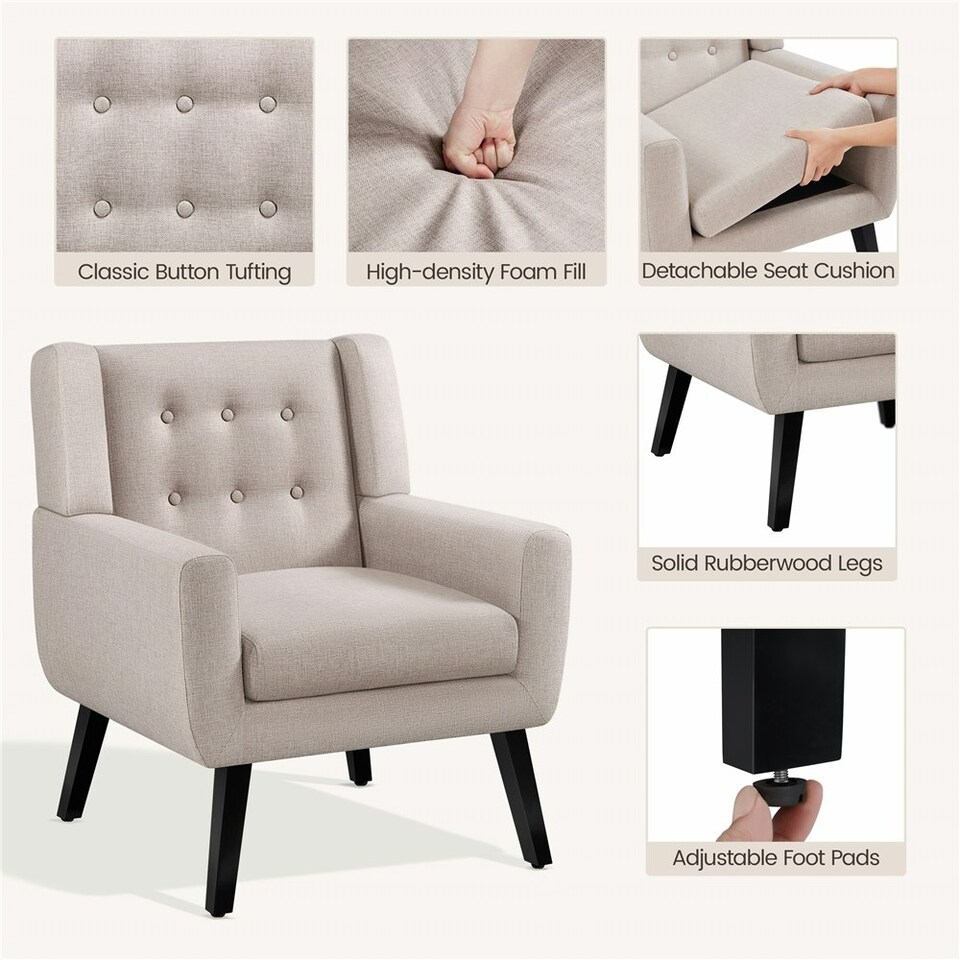 image 1 of Yaheetech Linen Fabric Accent Chair with Wood Legs Removable Cushion Brown | Beige