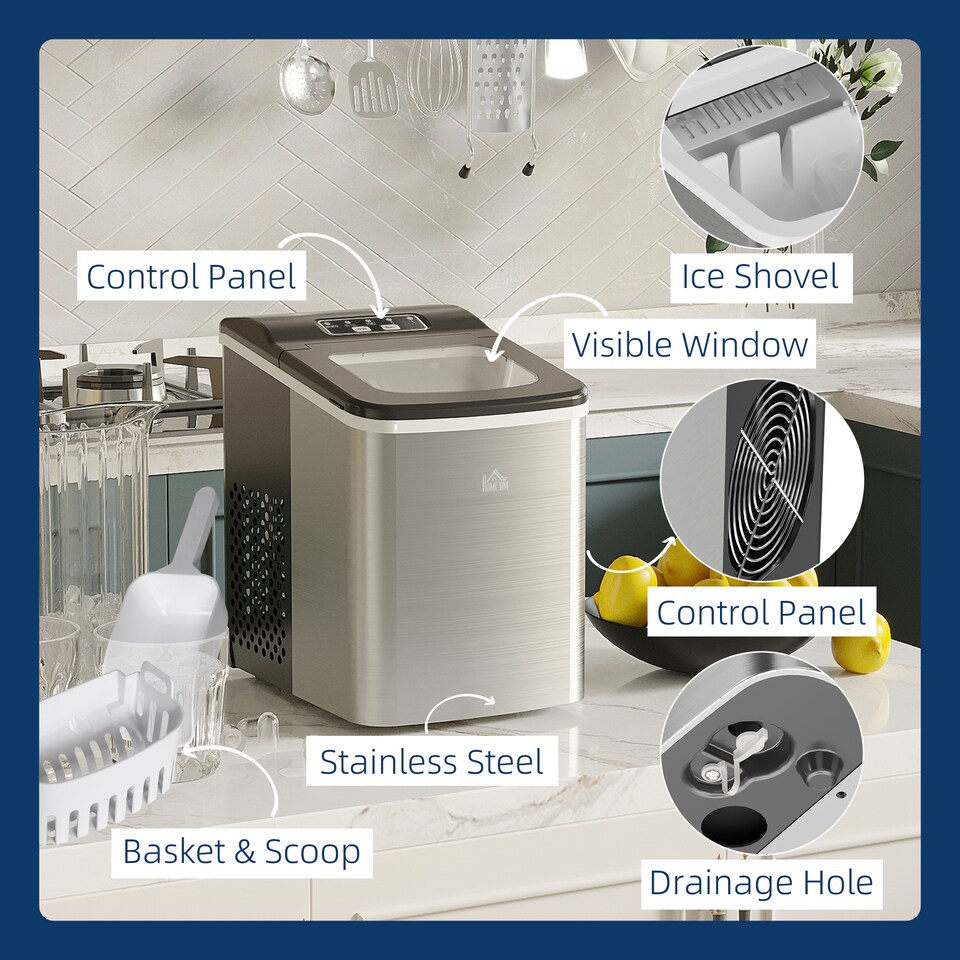 image 1 of HOMCOM Ice Maker Machine Countertop, 9 Ice Cubes in 8 Mins, 12KG in 24Hrs, Self-Cleaning Portable Ice Cube Maker w Adjustable Ice Size, Ice Scoop, Basket, Stainless Steel, No Plumbing Required, Black