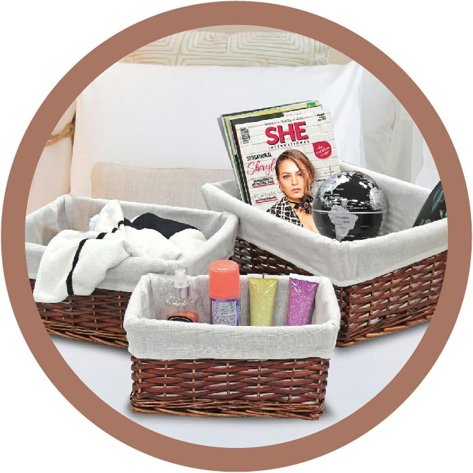 image 1 of Marco Paul Brown Set of 3 Wicker Storage Baskets Organising Baskets Brown