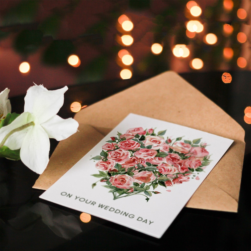 image 1 of Pink Roses Love Heart Flower Bouquet Watercolour Wedding Card