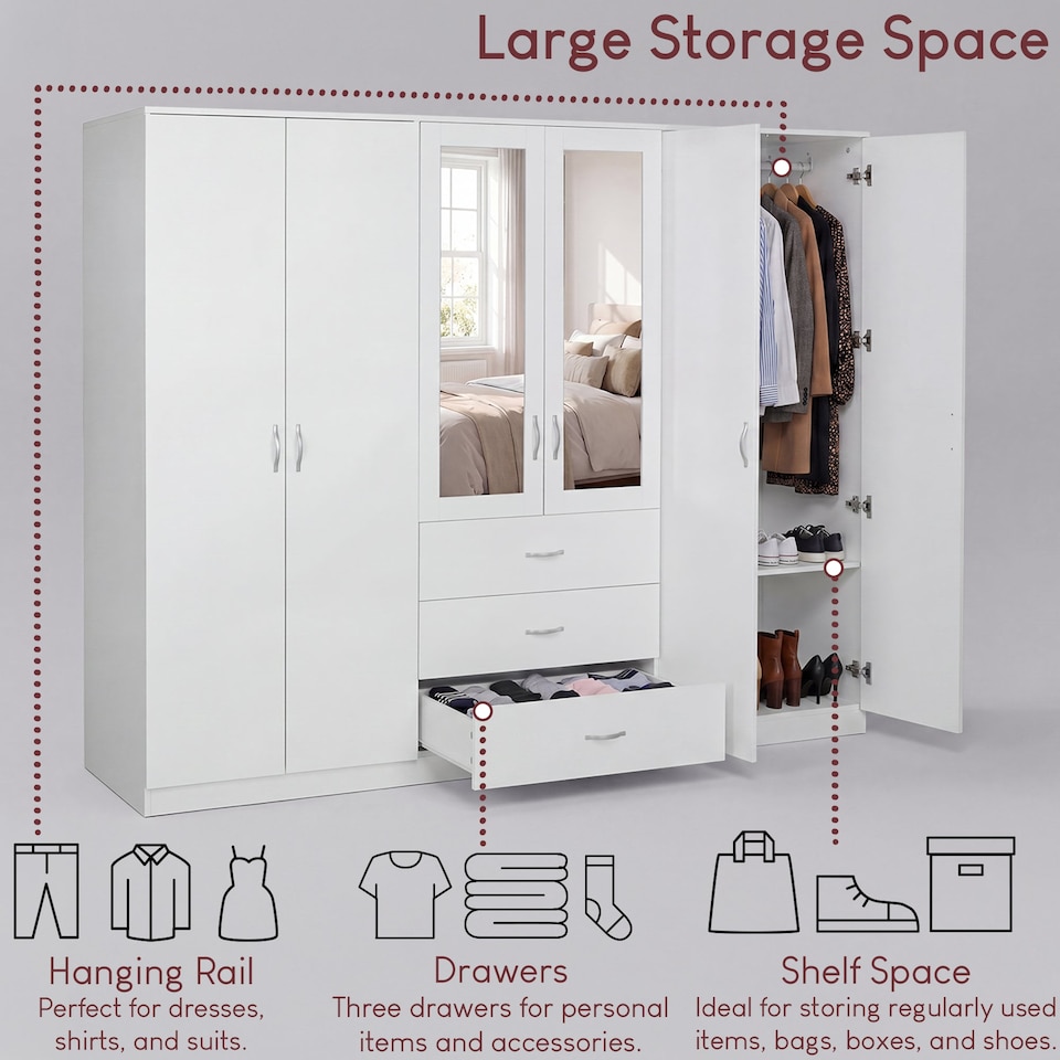 image 1 of Vida Designs Riano 6 Door 3 Drawer XX-Large Mirrored Wardrobe, White