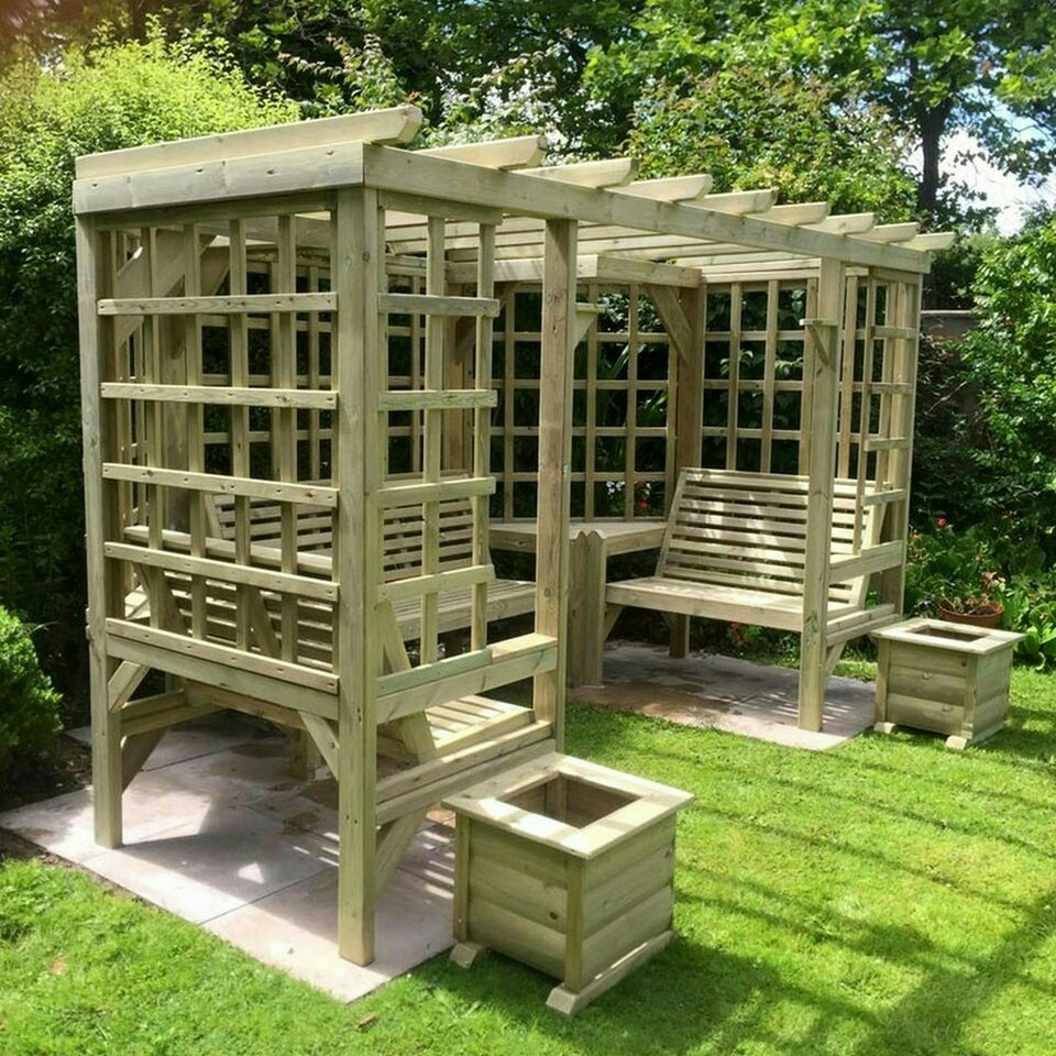 image 1 of The Riviera Seated Pergola, Corner Arbour Seat - L210 x W335 x H205 cm - Assembly Included - Set of Waterproof Cushions Included