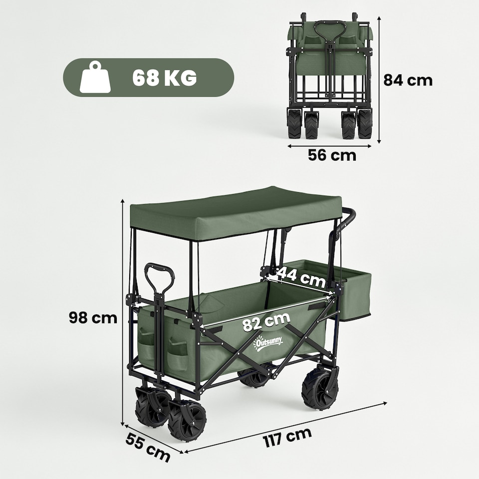 image 1 of Outsunny Outdoor Push Pull Wagon Stroller Cart w/ Canopy Top Green