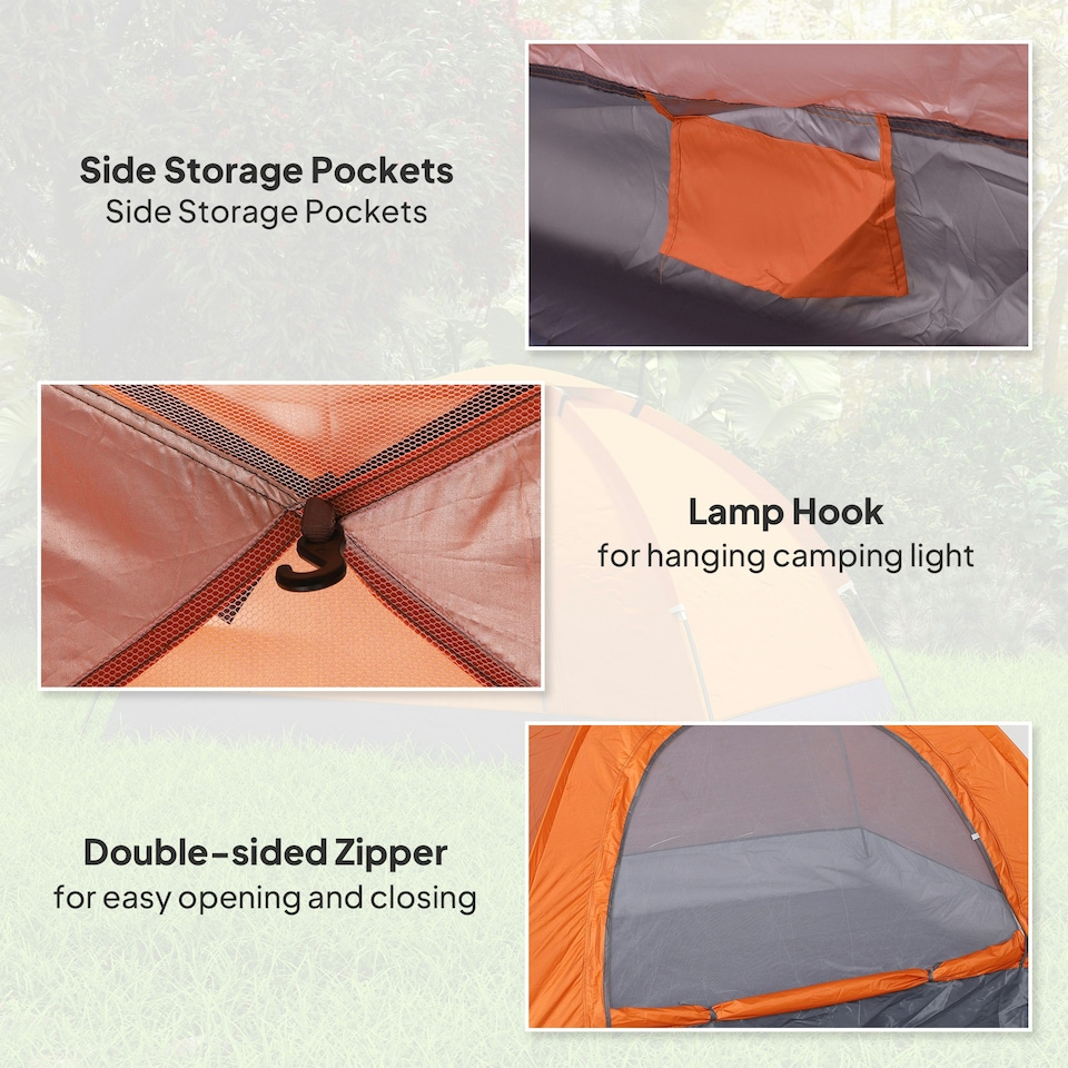 image 1 of Outsunny Camping Tent for 2 Person Dome Tent w/ Storage Pocket Orange