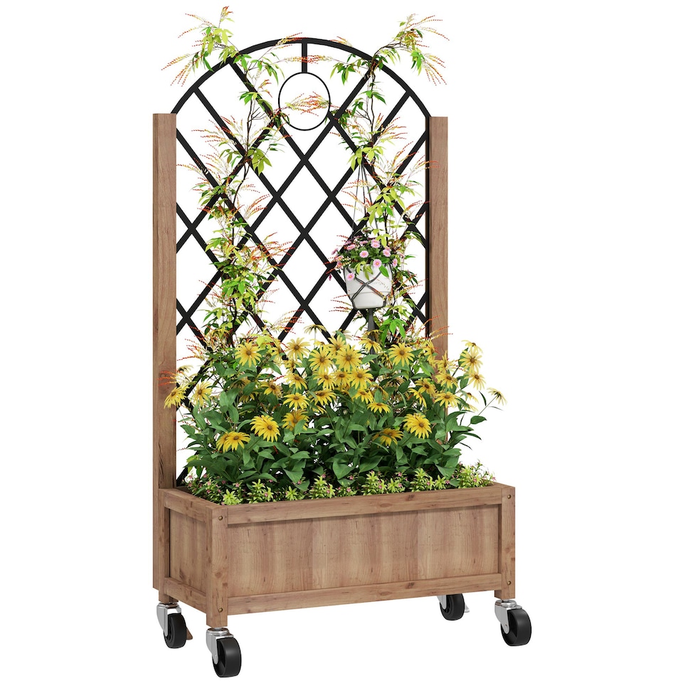 image 1 of Outsunny Wooden Raised Bed, Outdoor Planter Box  Metal Trellis | Brown | Brown