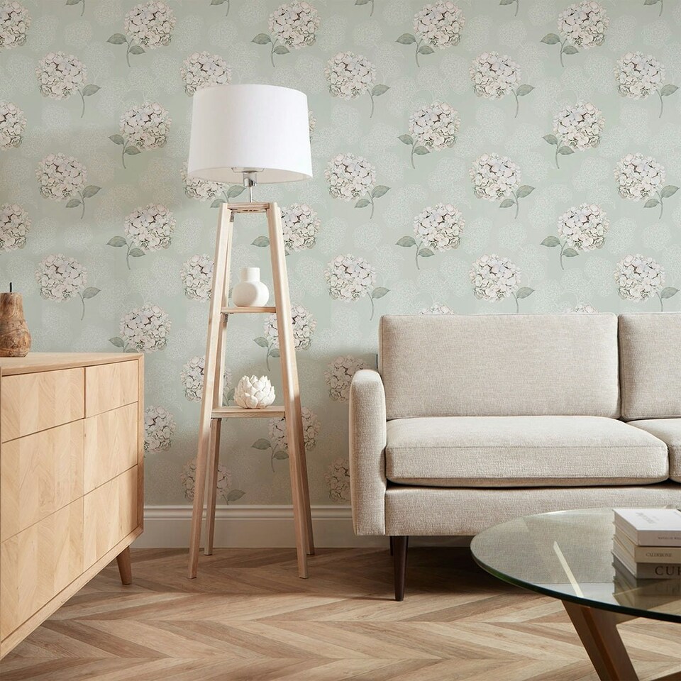 image 1 of Hydrangea Harmony Wallpaper in Sage Green Multi