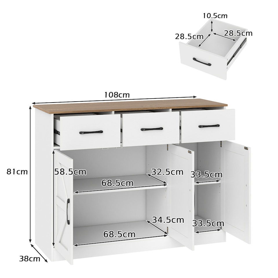 image 1 of COSTWAY 108cm Large Sideboard Storage Cabinet with Drawers White