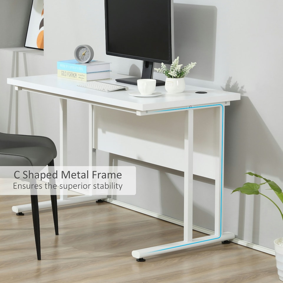 image 1 of HOMCOM Computer Desk Writing Table with 2 Cable Management Holes Metal Leg White