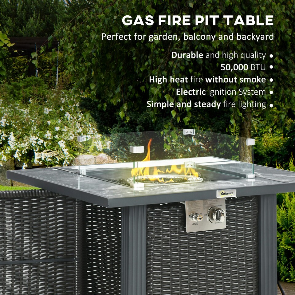 image 1 of Outsunny Rattan Fire Pit Table with Rain Cover and Windscreen, 50,000 BTU