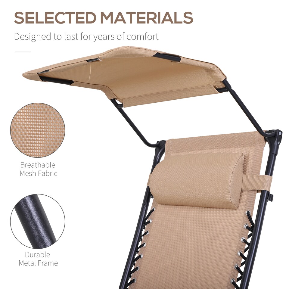 image 1 of Outsunny Foldable Reclining Garden Chair with Headrest, Zero Gravity Deck Sun Lounger Seat Chair with Footrest, Armrest, Cup Holder & Canopy Shade, Beige