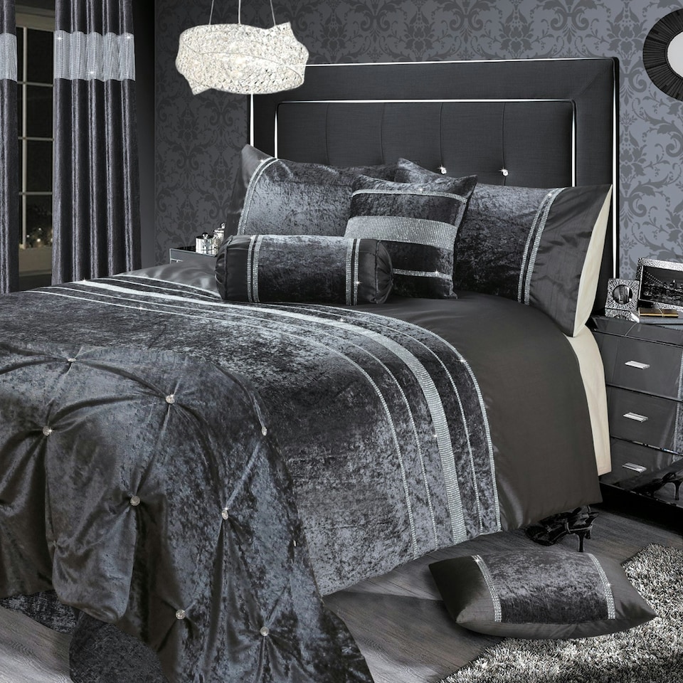 image 1 of Intimates Rienzo Crushed Velvet Diamante Duvet Cover & Pillowcase Set Silver | Silver | Single