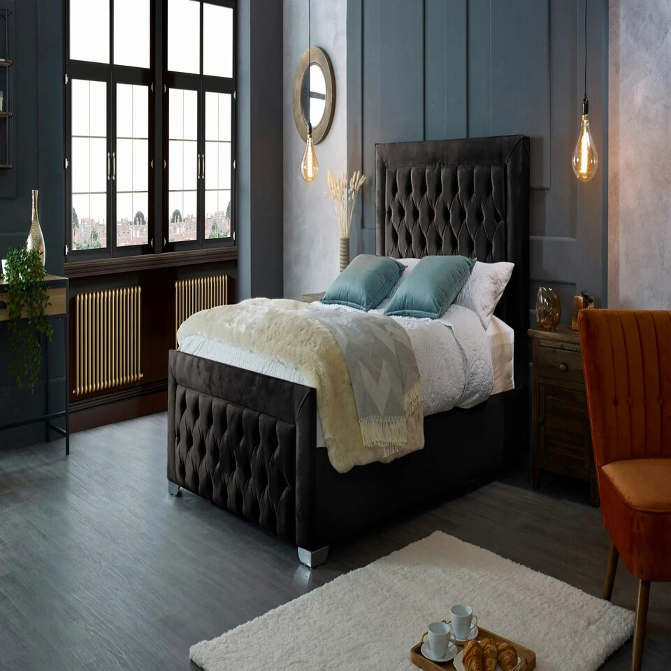 image 1 of Gelson Plush Black King Bed Frame - Black