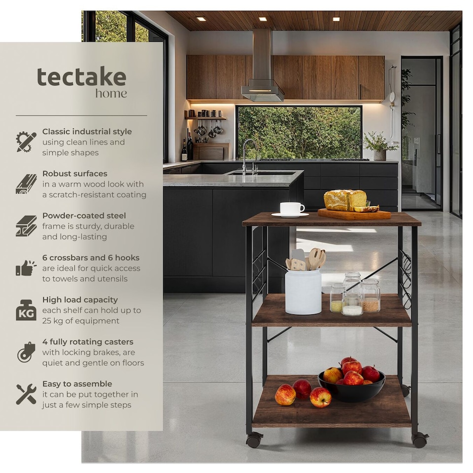 image 1 of Drinks Trolley Rugby - 3 shelves, 4 castors with parking brake | Brown | Industrial wood dark, rustic | 65,50 x 45,50 x 88,50 cm | 1