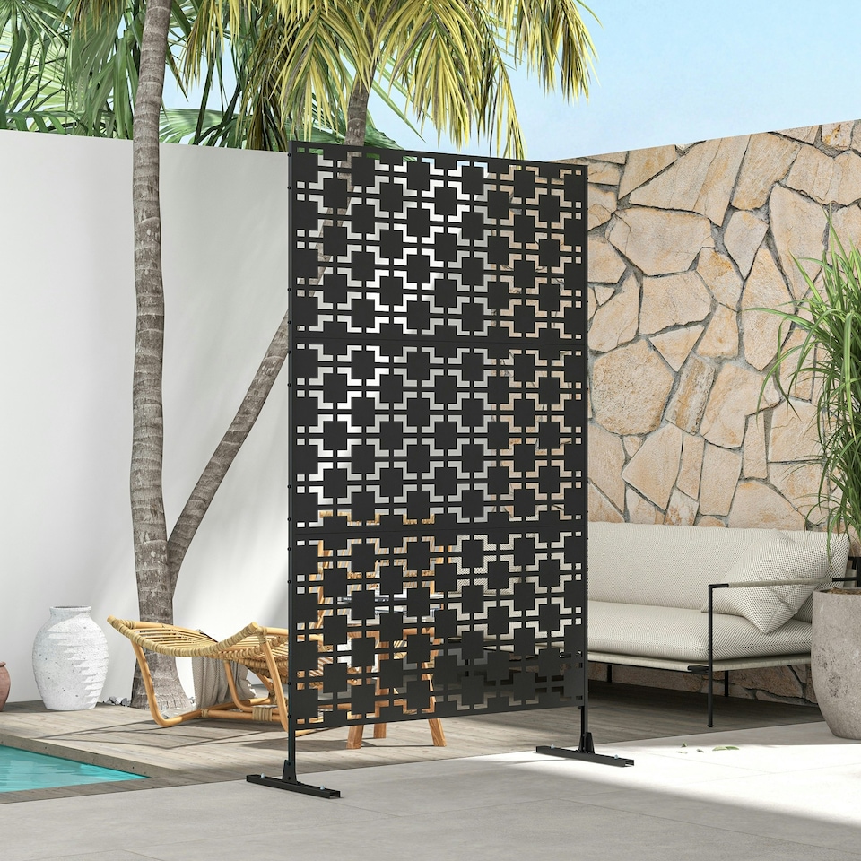 image 1 of Outsunny 6.5FT Metal Outdoor Privacy Screen Panel w/ Stand, Grid Style