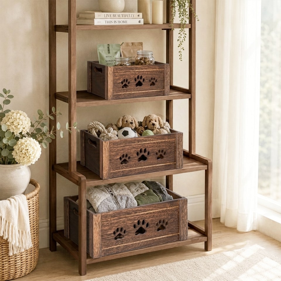 image 1 of Paw Shaped Cutout Dog Toys Chest Gift Hampers Storage Collection Box Wooden Crates Gift Hampers (Brown, Small)