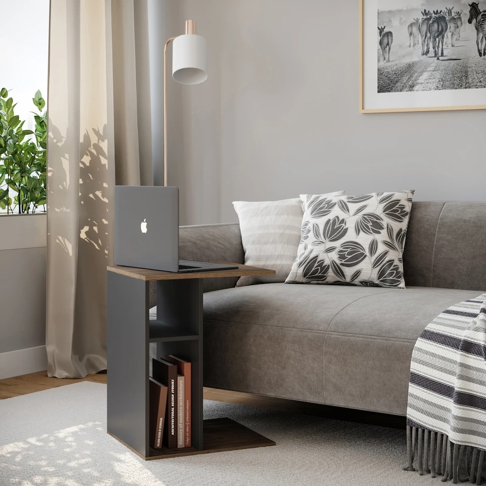 image 1 of C-Shape Side Wooden Table End Coffee Bedside Nightstand Laptop Snack Living Room | Multi | Dark Oak/Black