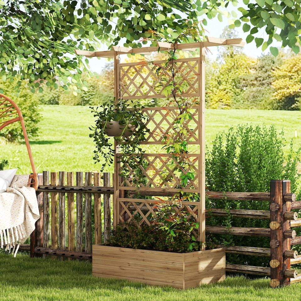 image 1 of Outsunny Wooden Trellis Planter, Raised Garden Bed for Climbing Plants, Natural