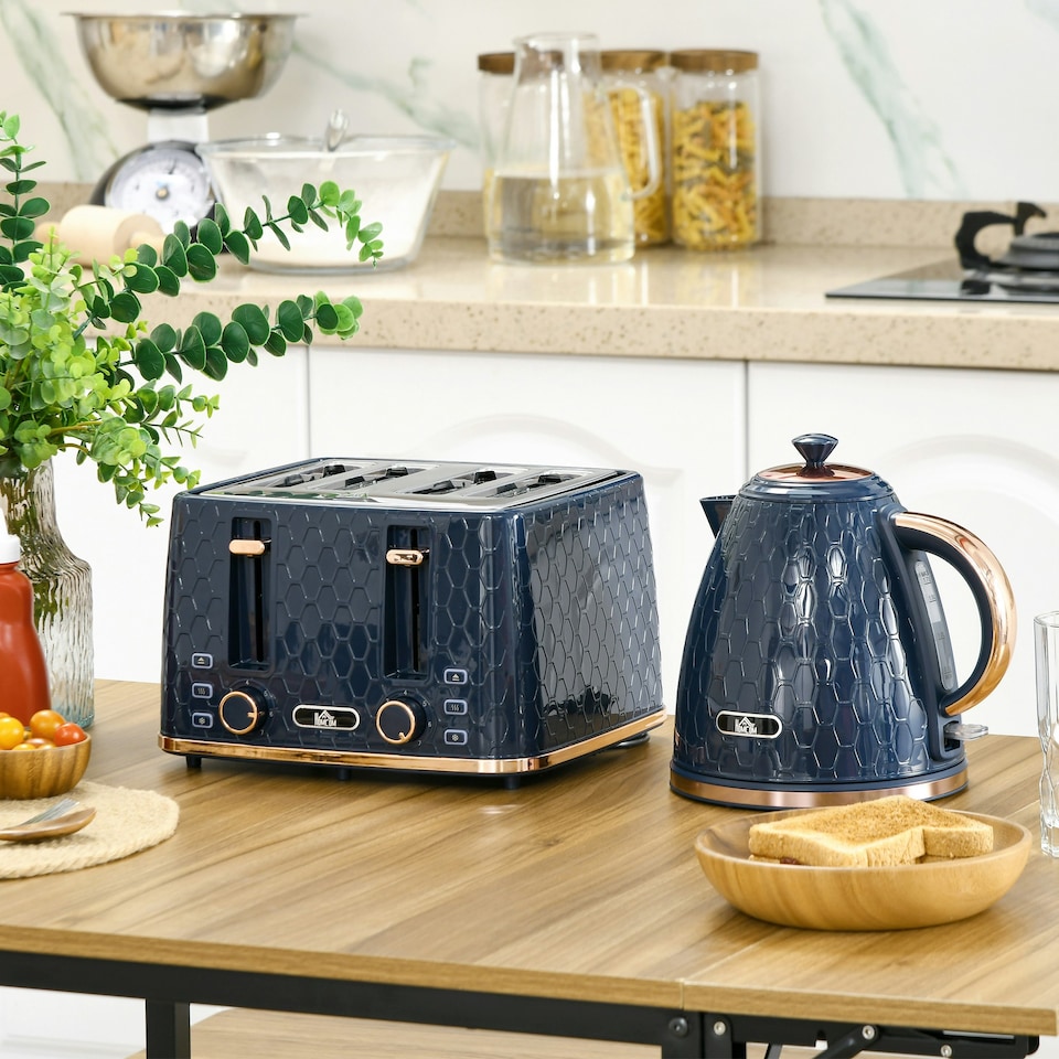 image 1 of HOMCOM 1.7L Kettle and Toaster Set with Defrost Reheat and Crumb Tray Blue