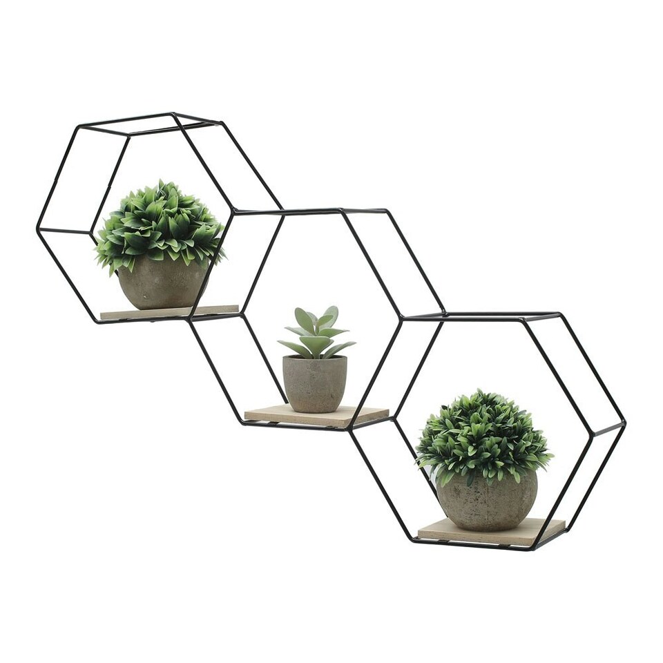 image 1 of Living and Home Iron Wall Mounted 3 Tier Hexagon Floating Dispaly Shelves- Black