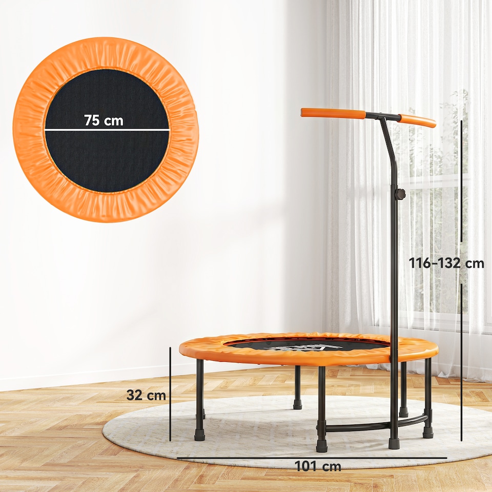 image 1 of HOMCOM 40" Mini Trampoline, Rebounder Jumper w/ Adjustable Handle, Orange | Orange | Orange