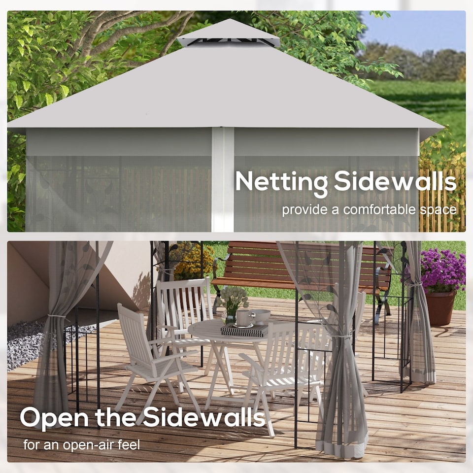 image 1 of Outsunny 3m x 3m Garden Gazebo, Double Roof Outdoor Gazebo Canopy Shelter with Netting, Solid Steel Frame, for Garden, Lawn and Deck, Light Grey