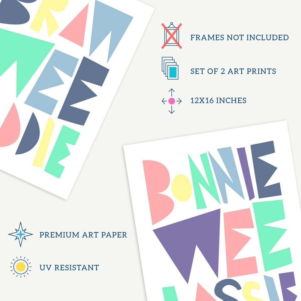 image 1 of Set of 2 Scottish Baby Kids Childs Nursery Bonnie Wee Lassie Laddie Boy Girl Pastel Colour Wall Art Prints 12x16 Inch