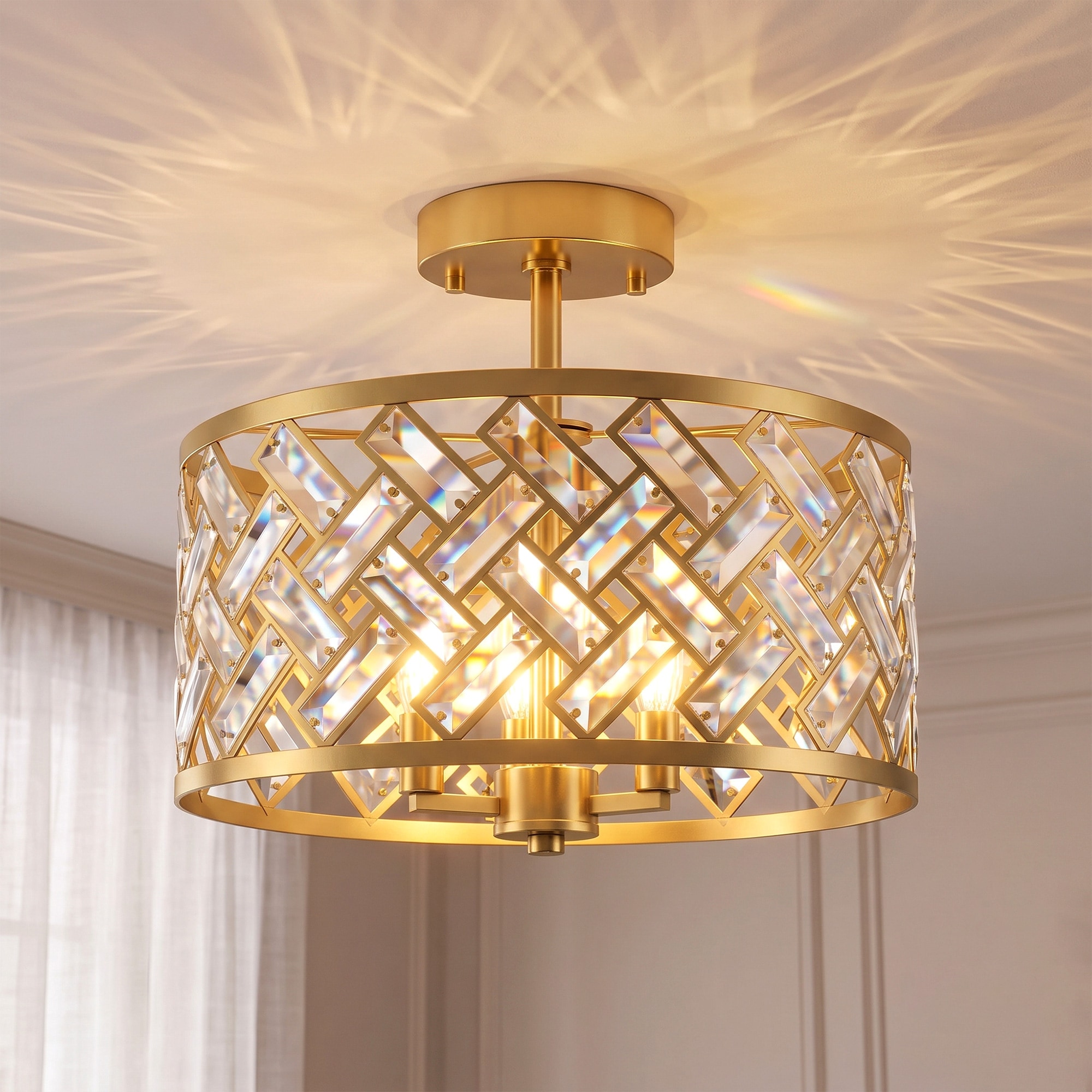 HOMCOM 3-Light Crystal Glass Ceiling Light, Modern Ceiling Lamp, Gold Tone, Gold