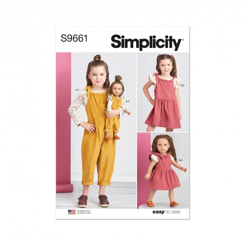 image 1 of Simplicity 9661 Paper Sewing Pattern – Children’s Tops, Dungarees, Dresses & Doll Clothes, Easy Dressmaking, Toy Making Pattern, Size A (3–4–5–6–7–8)