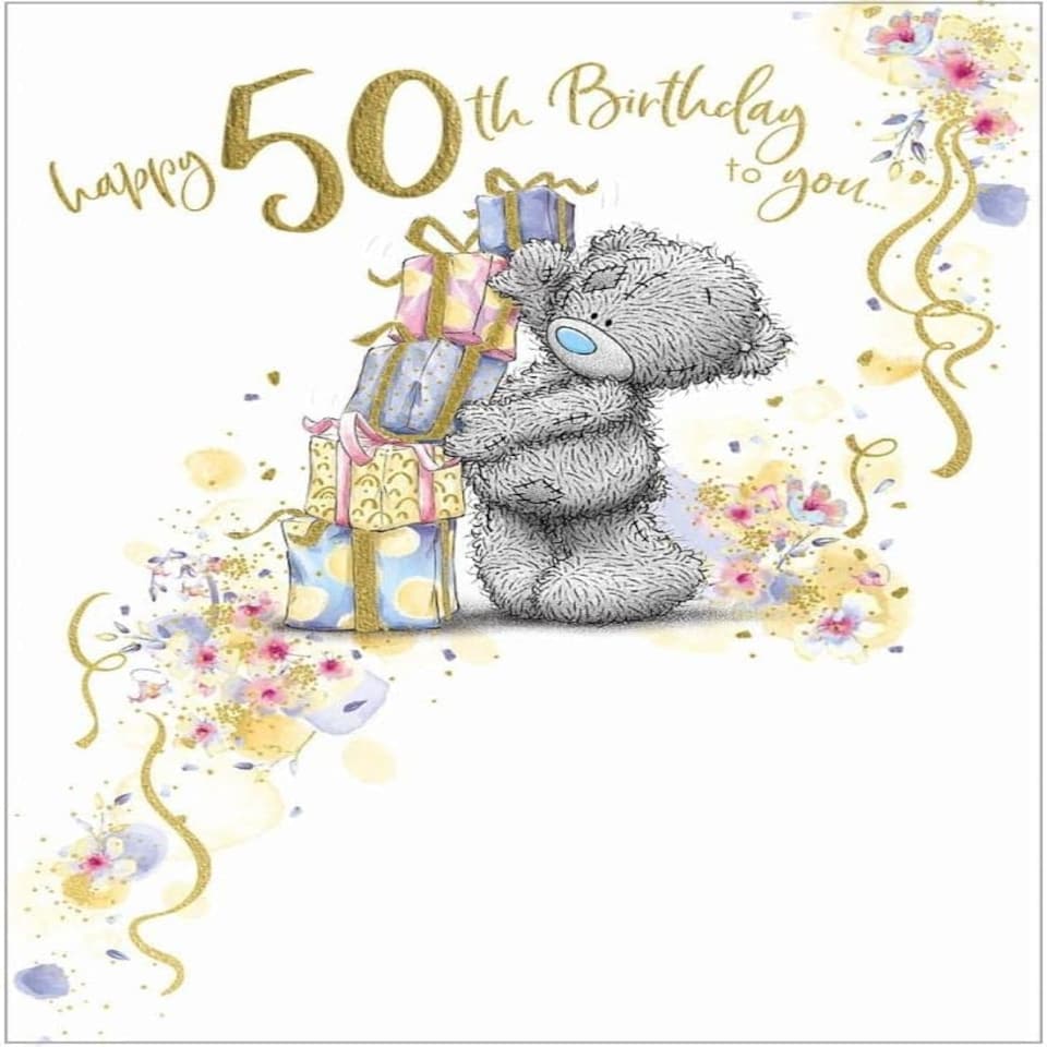 image 1 of Bear With Stack Of Gifts 50th Birthday Card