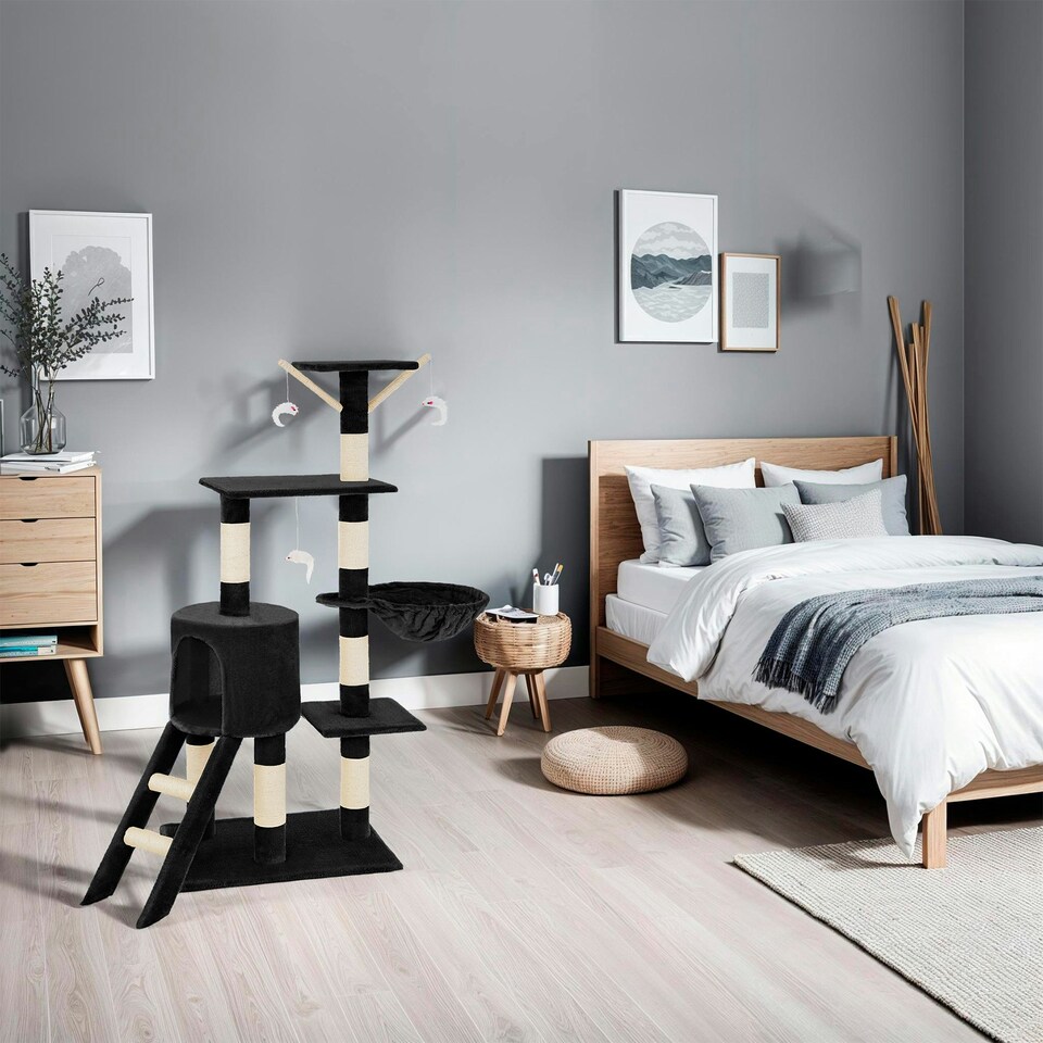 image 1 of Cat Tree Dominik - 144 cm, sisal cat scratching post, mice & anti-tip protection - Black
