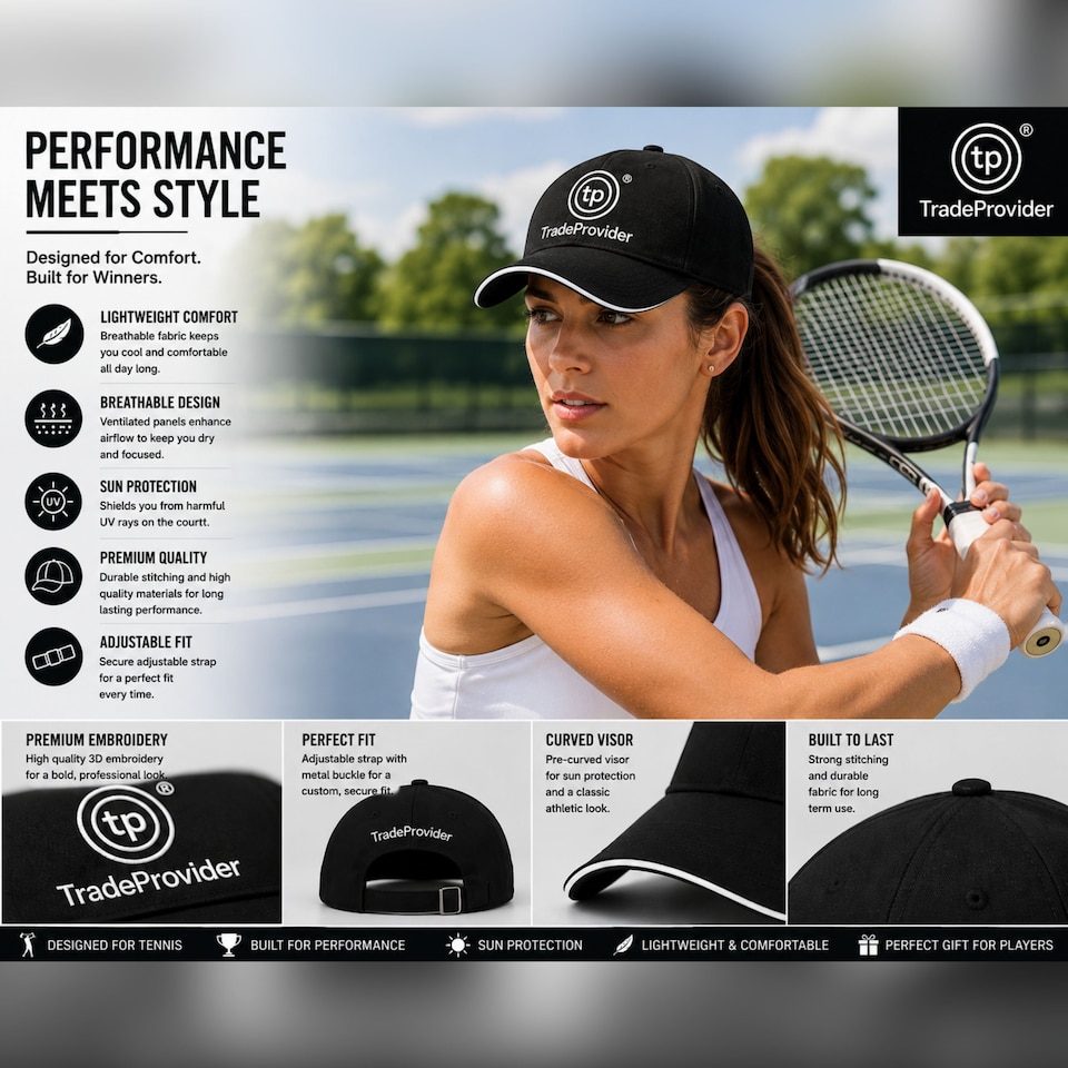 image 1 of TradeProvider Premium Adjustable Baseball Cap, Curved Peak with Contrast Pipping for Men & Women (Black)