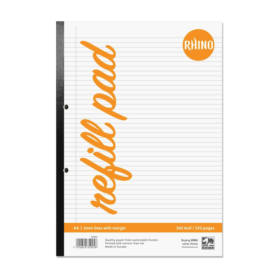 image 1 of Pack of 3 Rhino A4 160 Leaf 6mm Lined with Margin Refill Pads