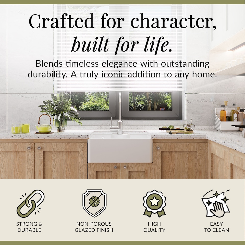 image 1 of Fireclay 1 Bowl Butler Kitchen Sink Tap Ledge Overflow Tap Hole 595mm | White | White | 450 x 595 x 220mm | 1