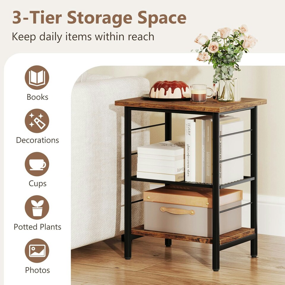 image 1 of COSTWAY 2PCS End Table Height Adjustable 3-Tier Side Table Brown