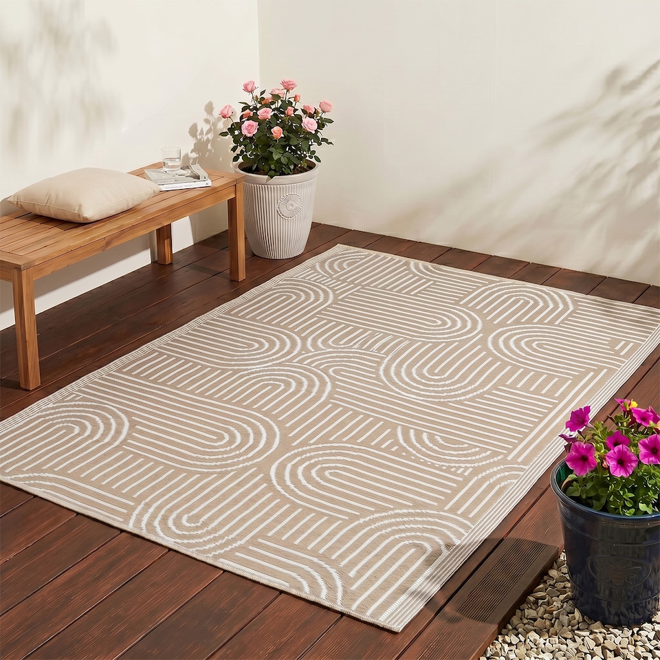 image 1 of Outdoor Plastic Rug Wool-Look Anti-Slip Durable Garden Patio Conservatory Carpet Mat - Beige Arch | Brown | Beige