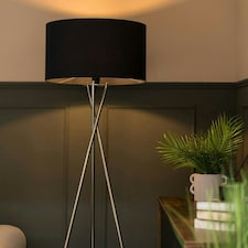 ValueLights Camden Brushed Chrome Tripod Floor Lamp Navy Shade & Bulb Blue