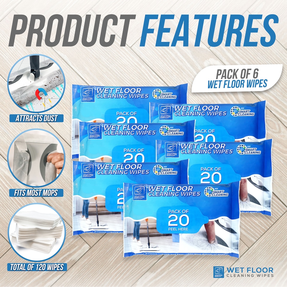 image 1 of Wet Floor Cleaning Wipes (Pack of 20) Wood & Tile Floor Streak-Free Wet Mop Cloths Compatible with Most Brands
