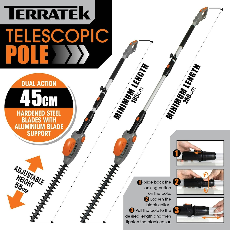 image 1 of Terratek 550W 2.5m Electric Long Reach Hedge Trimmer | Grey | Grey | 1